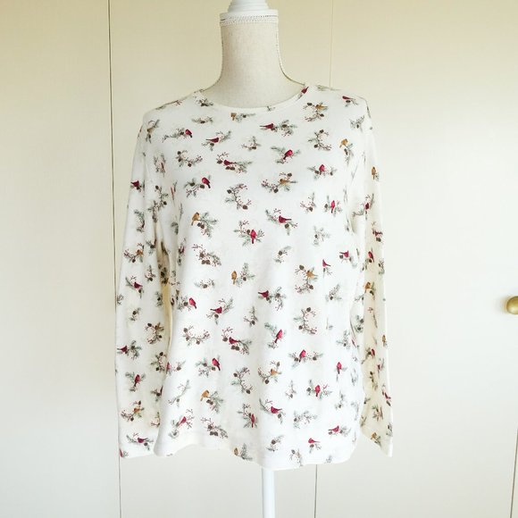 croft & barrow Tops - Croft & Borrow Ivory Cotton Cardinal Print Long Sleeve Shirt